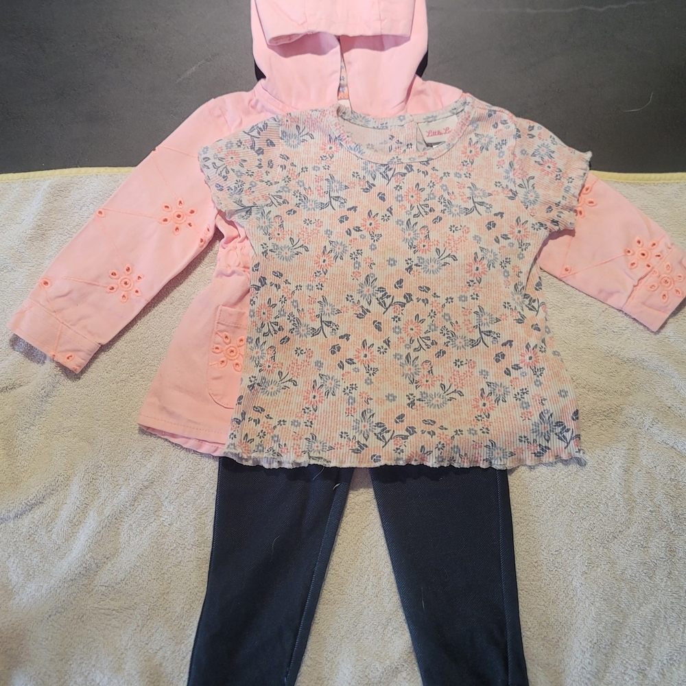 Little Lass Pink Floral Hoodie Set with Navy Leggings